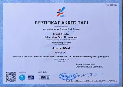 Sertifikat Akreditasi Internasional IABEE Teknik Elektro Universitas Dian Nuswantoro UDINUS
