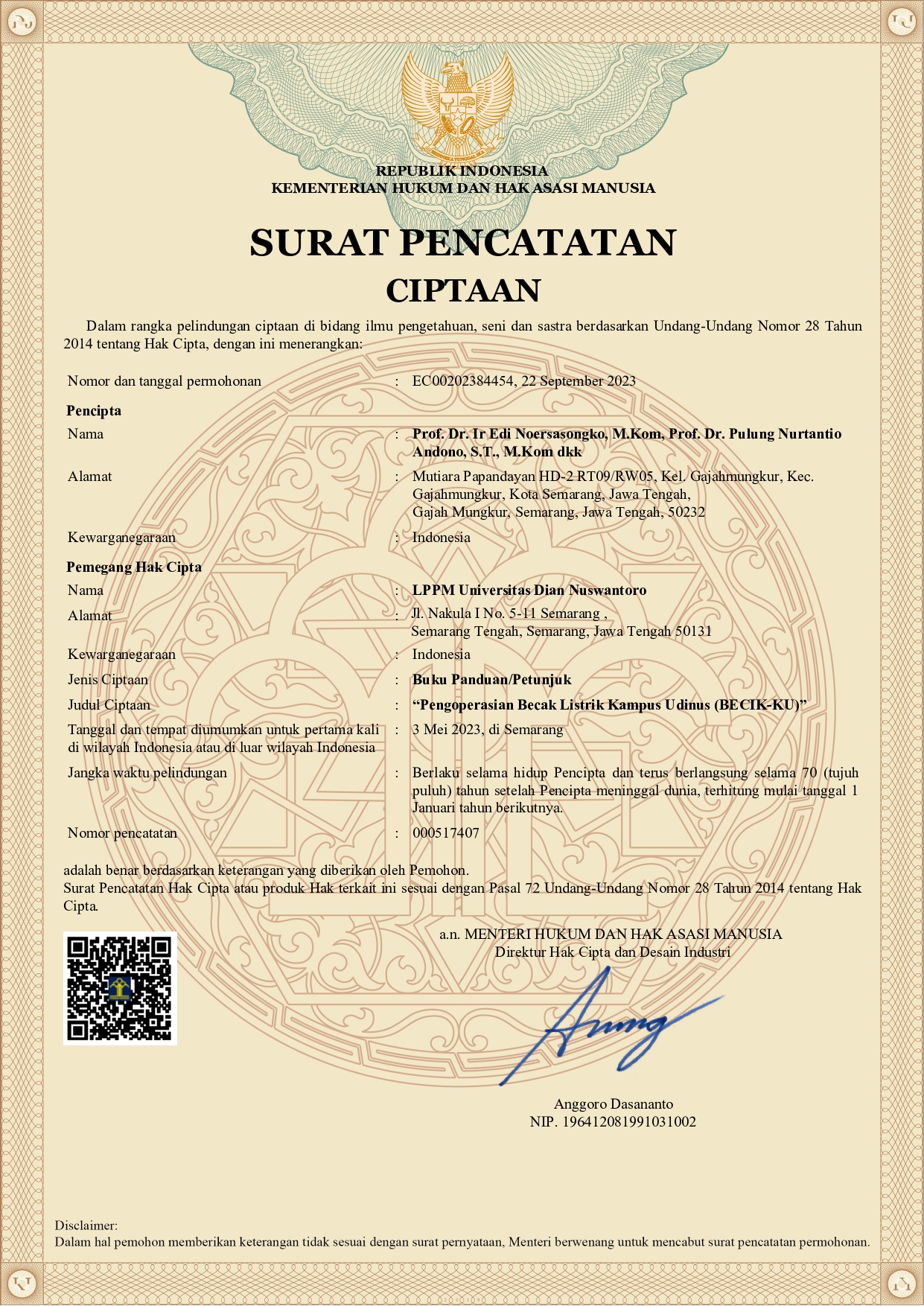 [HAK CIPTA] Pengoperasian Becak Listrik Kampus Udinus (BECIK-KU)
